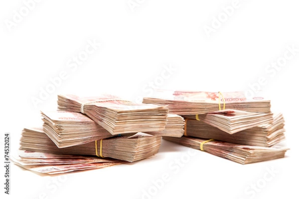 Fototapeta Пачки российских денег на белом фоне