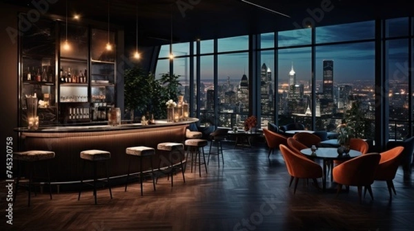 Fototapeta Modern Rooftop Lounge with City View