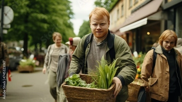 Fototapeta Young man with down syndrome working at garden center, carrying basket filled with various plants