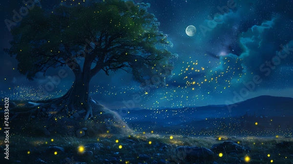 Fototapeta Enchanted Nighttime Landscape With Fireflies and Celestial Bodies