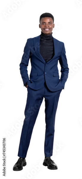 Fototapeta African businessman smiling in office suit, hands in pocket and looking at the camera, isolated over white background. Concept of education and career