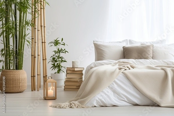 Obraz Zen-Inspired Bedroom Serenity: Bamboo Lamp, Cozy Cushions, Green Plants