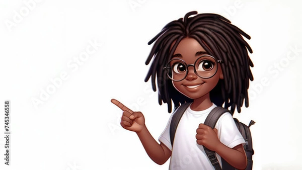 Fototapeta Cheerful African American child with dreadlocks, glasses, a white T-shirt, with a backpack, smiles and points his finger towards the empty space for copy space, white background
