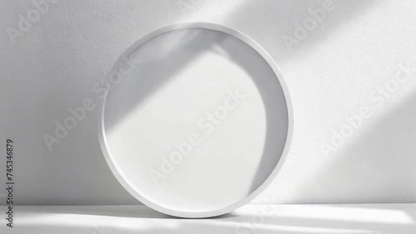 Fototapeta On a white wall with soft shadows there is a round flat mockup for advertising products
