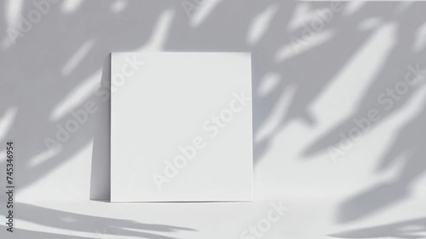 Fototapeta White wall with soft shadows from leaves and a square mockup standing on the floor