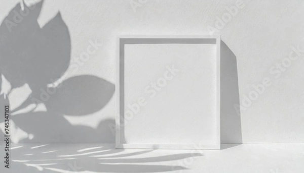 Fototapeta Light monochrome wall with square mockup and white frame. On the left are soft shadows from the leaves