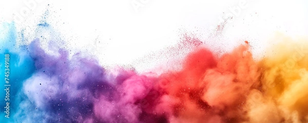 Obraz Abstract colorful rainbow pigment gulal powder dust particles smoke spray. Holi background. Festive Indian happy holiday card, invitation or banner backdrop. Hindu festival of colours 8k Wallpaper.