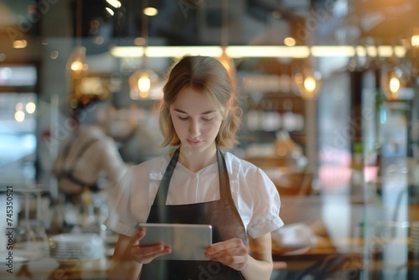 Fototapeta Beautiful woman waitress in apron using digital tablet in cafe