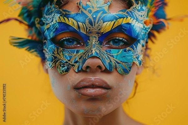 Fototapeta Portrait of beautiful woman in colorful eye mask. Carnival mask