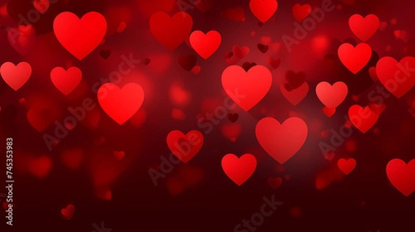 Fototapeta Abstract Valentine's Day background with red hearts and blurred bokeh lights