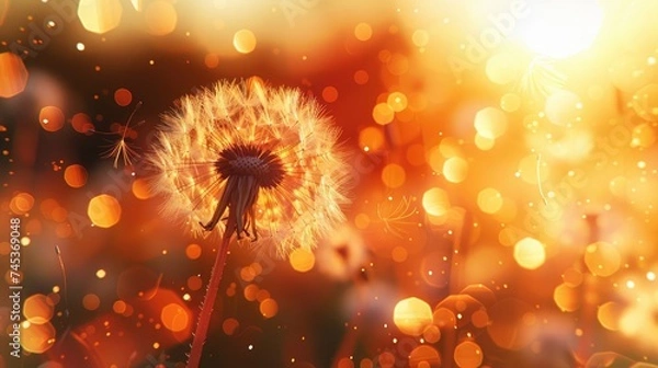 Fototapeta Dandelion seeds fly against the background of the sunset sky.