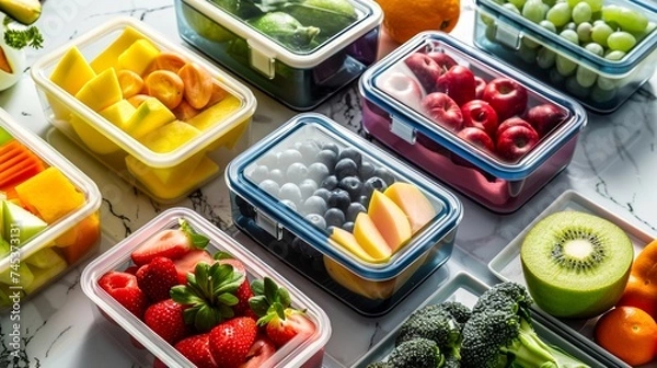 Fototapeta An array of colorful fresh cut fruits organized neatly in meal prep containers, symbolizing health and organization