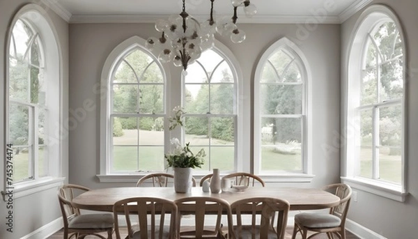 Fototapeta White dining room corner with arched windows