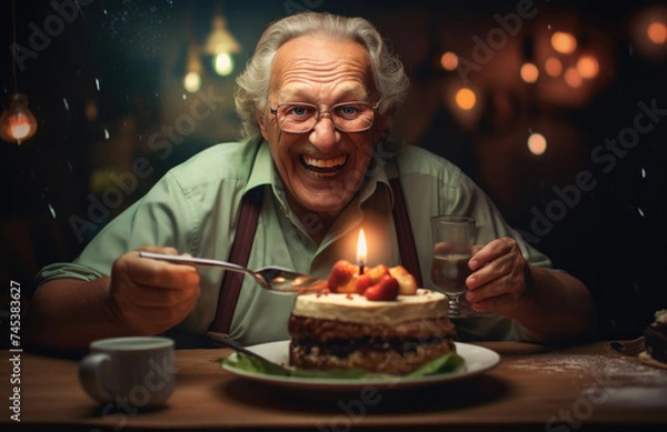 Fototapeta Elderly man laughing joyfully while sitting at a dining table with a healthy meal.	