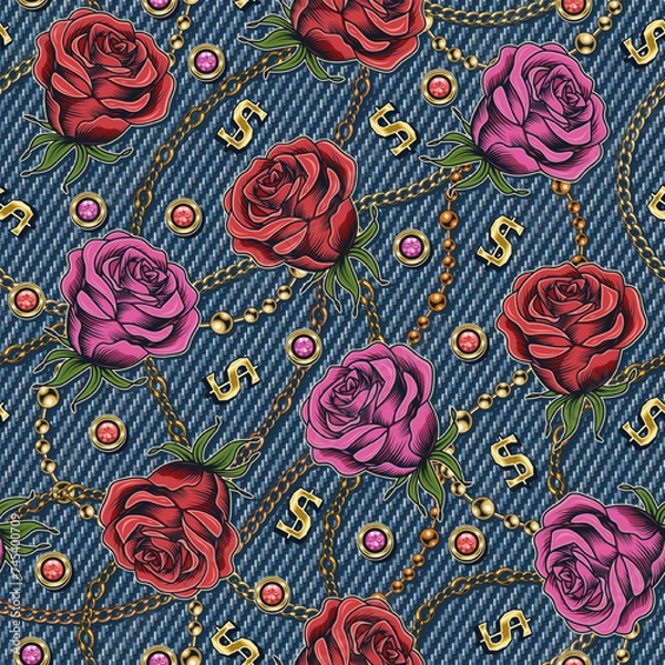 Fototapeta Denim floral seamless pattern with buds of roses. Flowers with golden chains, scattered golden dollar signs on blue jeans texture. For prints, clothing, t shirt, surface design Vintage style