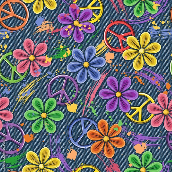 Fototapeta Pattern with peace sign, chamomile flowers, brush strokes, smudge paint, paint splatter on blue jeans texture. Groovy, hippie, naive style for apparel, fabric, textile design
