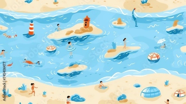 Fototapeta Illustration of a beach and children playing with a background of sea and grasslands and towers.