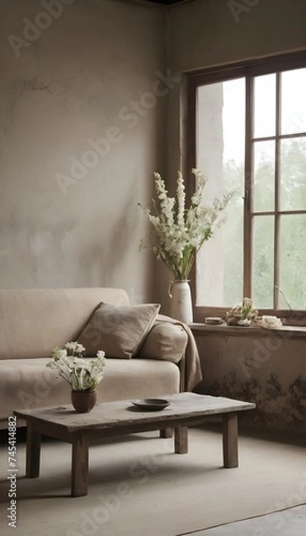 Fototapeta In a wabi-sabi-style living room with flowers on the table and by the window, sits a beige couch armchair. 