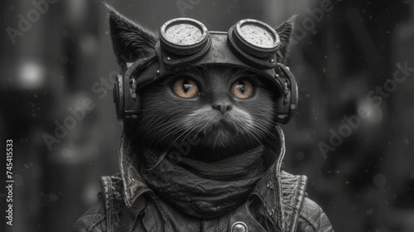 Fototapeta Steampunk Cat, Gadget-Clad Feline, Cyberpunk Kitty, Mechanical Mewling.
