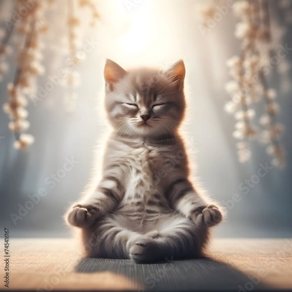 Fototapeta Little kitten sitting on the floor and performing meditation.
