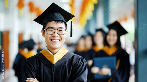 Fototapeta Joyful Asian guy, graduate, standing on the university campus. Graduation, graduation from school, university