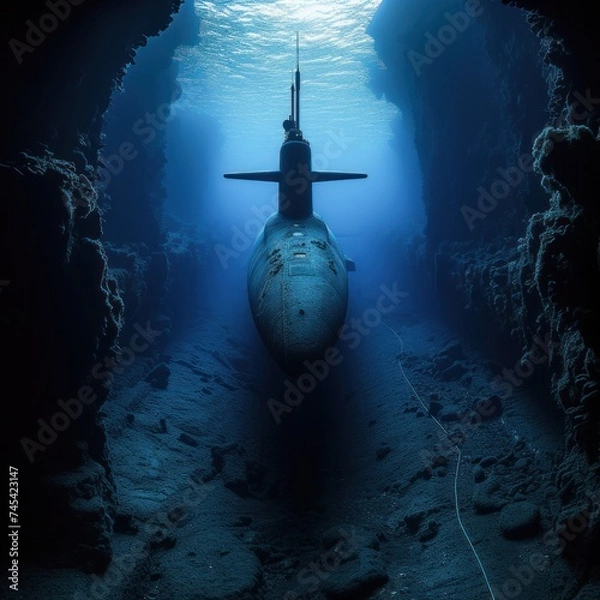 Fototapeta Military submarines dive at the bottom of sea trenches traveling the surface of the seas and oceans to maintain the security of the country. Generative Ai