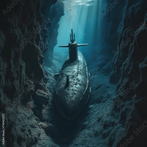 Fototapeta Military submarines dive at the bottom of sea trenches traveling the surface of the seas and oceans to maintain the security of the country. Generative Ai
