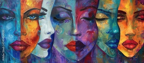 Fototapeta A painting showcasing a diverse group of womens faces, each expressing a range of emotions and personalities. These women embody strength, confidence, and resilience through their facial expressions.