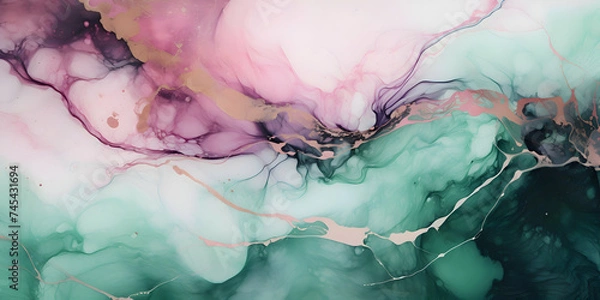 Fototapeta High resolution Modern creative fluid art alcohol painting brush stroke, Green and light pink purple background marble texture. Abstract painting for banner, website, texture