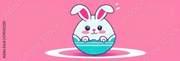 Fototapeta Happy Easter banner with cute Easter bunny hatching from pink Easter egg on pastel pink background. Illustration of Easter rabbit sitting in cracked eggshell. Happy Easter greeting card. Copy space.