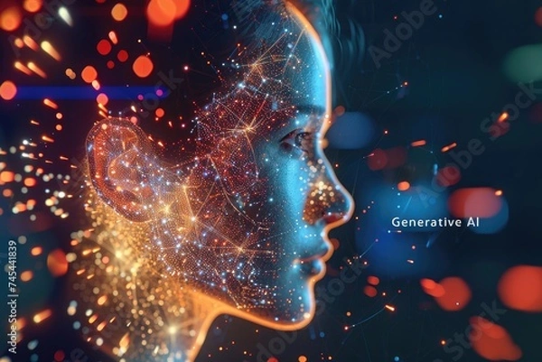 Fototapeta Female face formed by glowing particles showcasing the power of generative AI image generation