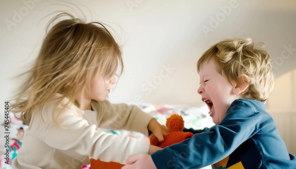 Obraz AI image of little kids are fighting in room at home. Children pull same toy each in their own direction. Babies crying and screaming. Relations of sibling in family. Babies adaptation in groups