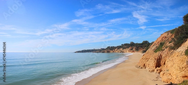 Fototapeta Panoramic view of lonely beach in Portugal Algarve under blue cloudy sky