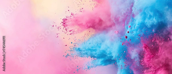 Fototapeta Holi festival background with colorful powder splash, wide pink banner with copy space