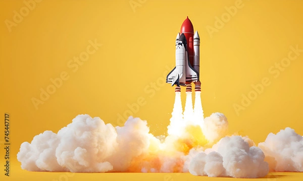 Fototapeta Rocket launching on yellow background, New Project, Start-up