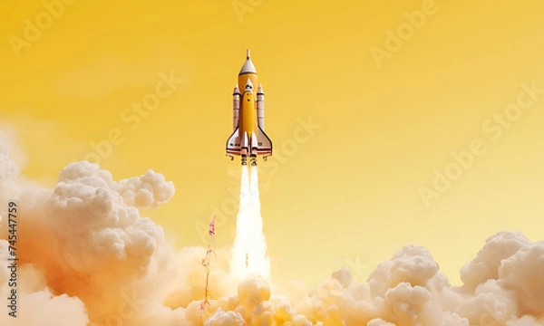 Fototapeta Rocket launching on yellow background, New Project, Start-up