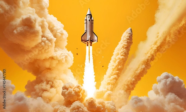 Fototapeta Rocket launching on yellow background, New Project, Start-up