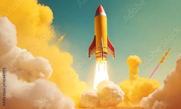 Fototapeta Rocket launching on yellow background, New Project, Start-up