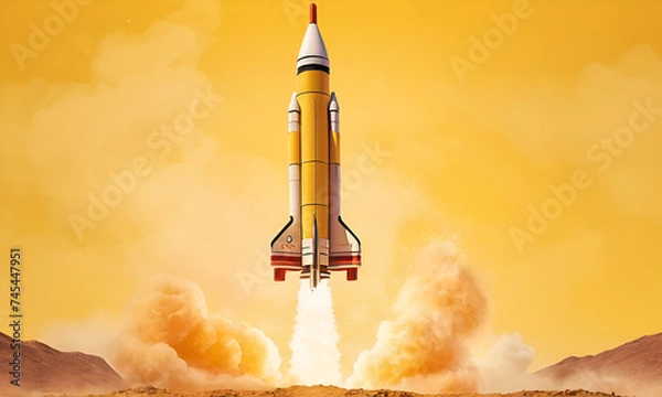 Fototapeta Rocket launching on yellow background, New Project, Start-up