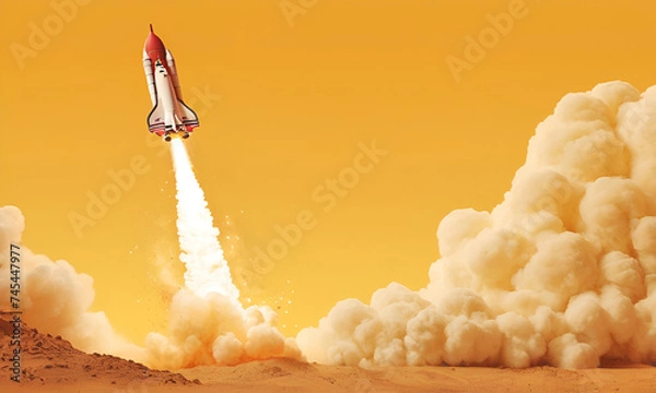 Fototapeta Rocket launching on yellow background, New Project, Start-up