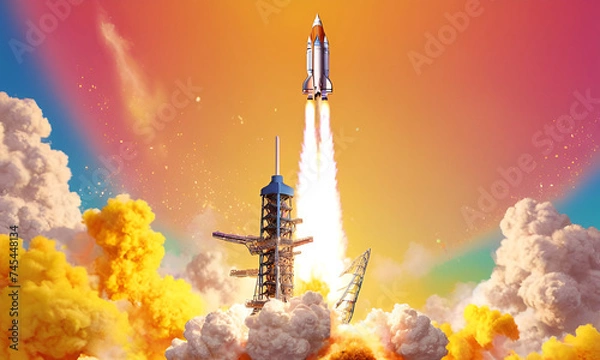 Fototapeta Rocket launching on yellow background, New Project, Start-up