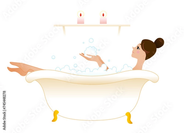 Obraz バスタブでリラックする若い女性