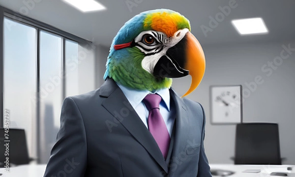 Fototapeta Parrot business portrait dressed as a manager or ceo in a formal office business suit with glasses and tie