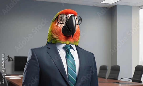 Fototapeta Parrot business portrait dressed as a manager or ceo in a formal office business suit with glasses and tie