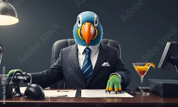Fototapeta Parrot business portrait dressed as a manager or ceo in a formal office business suit with glasses and tie