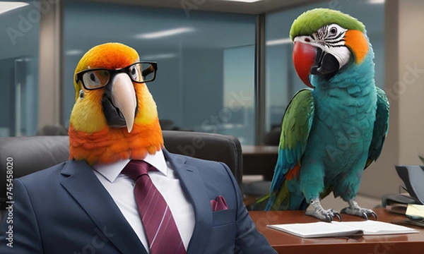 Fototapeta Parrot business portrait dressed as a manager or ceo in a formal office business suit with glasses and tie