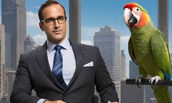 Fototapeta Parrot business portrait dressed as a manager or ceo in a formal office business suit with glasses and tie