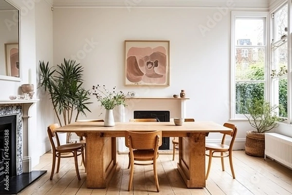 Fototapeta Edwardian Charm in a Bright Space: Art Deco Influenced Slab Table and Wooden Chairs
