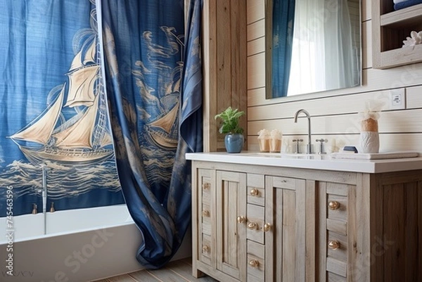Fototapeta Sea Pattern Curtain Bathroom Design: Wood Vanity and White Sink Fusion