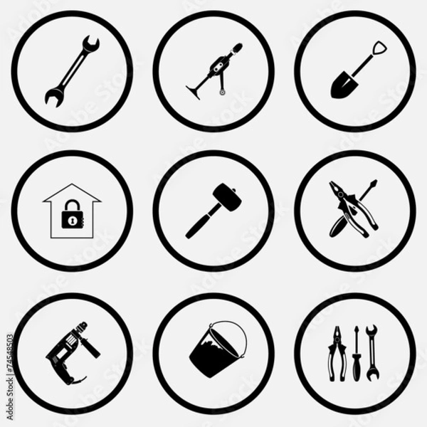 Obraz spanner, hand drill, spade, bank, mallet, screwdriver and combin